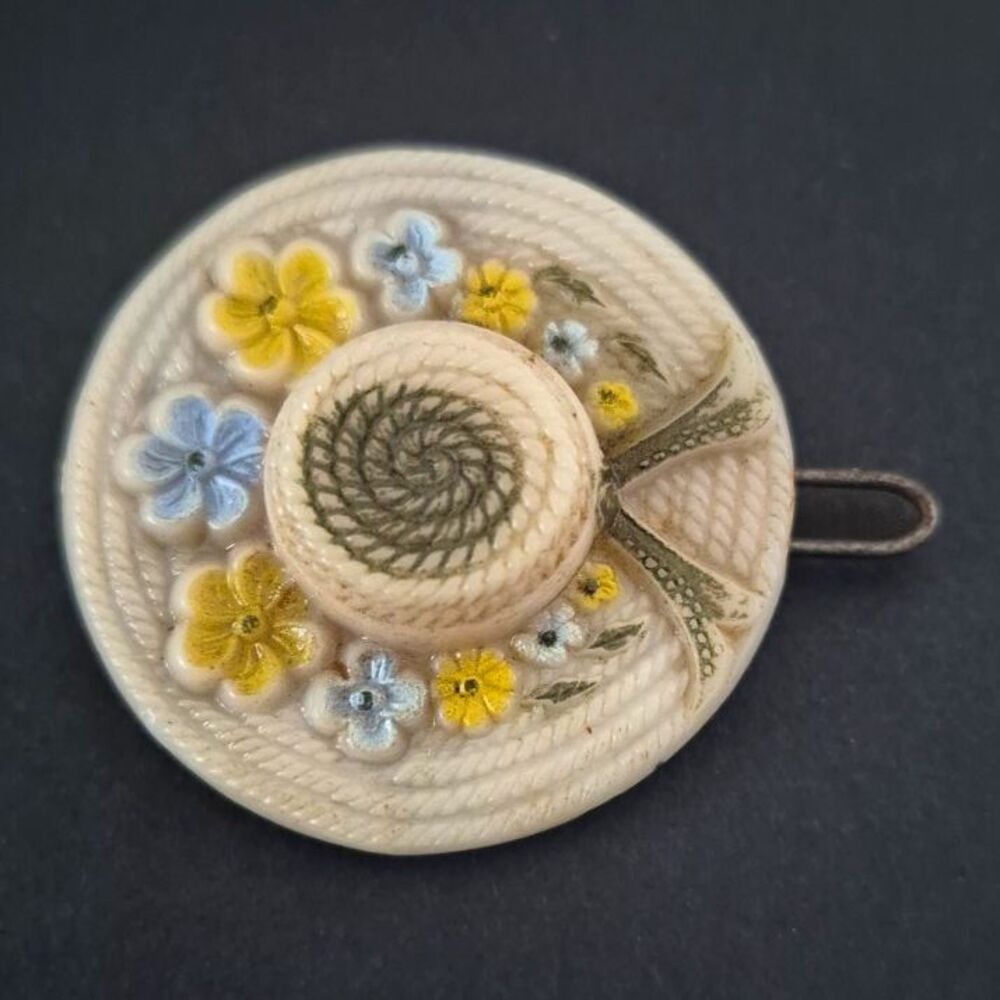 Vintage 1940s 50s Celluloid Straw Vintage Hat Barrette Painted Flowers Hair Clip
